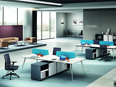 Modern Office Interior With White Desks Blue Dividers Ergonomic Chairs Lounge Area Large Windows 3d model