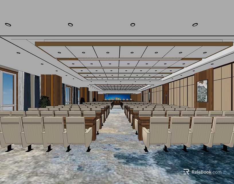 Spacious Modern Conference Room With Rows Of Seats Ceiling Lighting And Sea View 3d model 