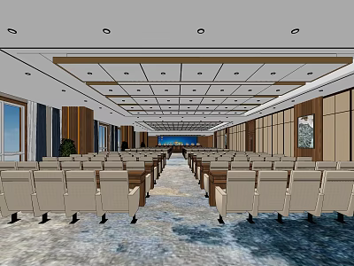 Spacious Modern Conference Room With Rows Of Seats Ceiling Lighting And Sea View 3d model