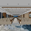 Spacious Modern Conference Room With Rows Of Seats Ceiling Lighting And Sea View