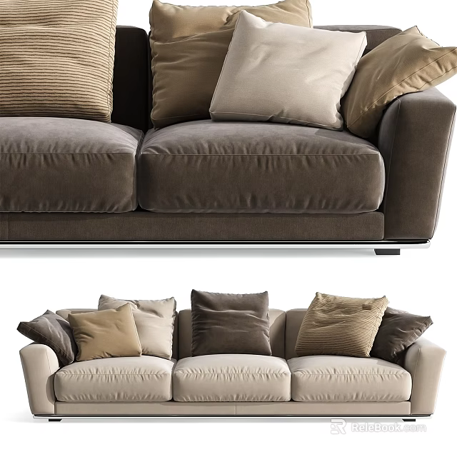 Modern Three Seater Sofa In Neutral Tones With Multiple Decorative Accent Pillows 3d model