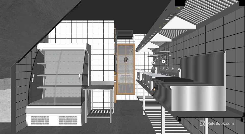 Commercial Kitchen Interior With Stainless Steel Worktables Refrigerated Display Case Tile Walls And Ventilation 3d model 
