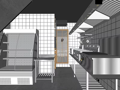 Commercial Kitchen Interior With Stainless Steel Worktables Refrigerated Display Case Tile Walls And Ventilation 3d model
