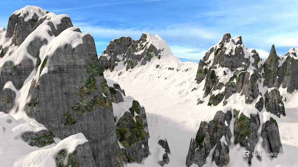 Snow Covered Mountain Landscape With Rocky Cliffs Green Vegetation And Blue Sky 3d model 