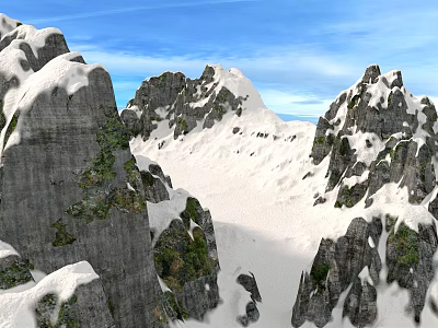 Snow Covered Mountain Landscape With Rocky Cliffs Green Vegetation And Blue Sky 3d model