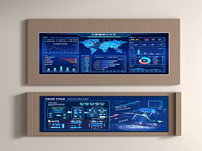 Information Display Screens With World Map Charts Dashboard And Data Metrics 3d model