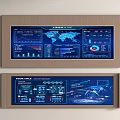 Information Display Screens With World Map Charts Dashboard And Data Metrics