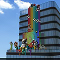 Colorful Art Installation On High Rise Building Facade With Rainbow Clouds Ferris Wheel Cartoon Bear And Flowers