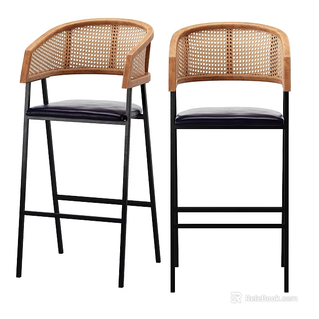 Modern Bar Stools With Wicker Backrest Wooden Armrests Dark Leather Seat And Black Metal Legs 3d model 