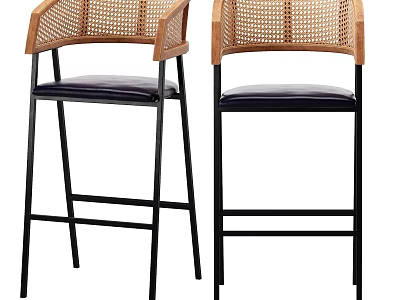 Modern Bar Stools With Wicker Backrest Wooden Armrests Dark Leather Seat And Black Metal Legs 3d model