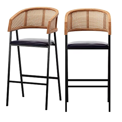 Modern Bar Stools With Wicker Backrest Wooden Armrests Dark Leather Seat And Black Metal Legs 3d model