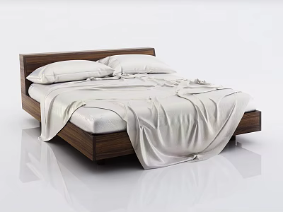 Modern Wooden Double Bed With White Pillows And Smooth Bedspread Design 3d model