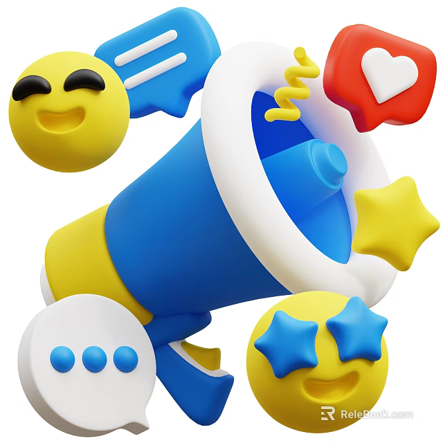 Colorful Decorative Ornament Set With Emoji Megaphone Heart Star And Speech Bubble 3d model 