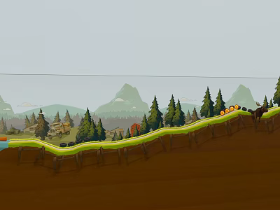 Scenic Mountain Landscape With Pine Trees Grass Covered Hillside and Distant Cottages 3d model
