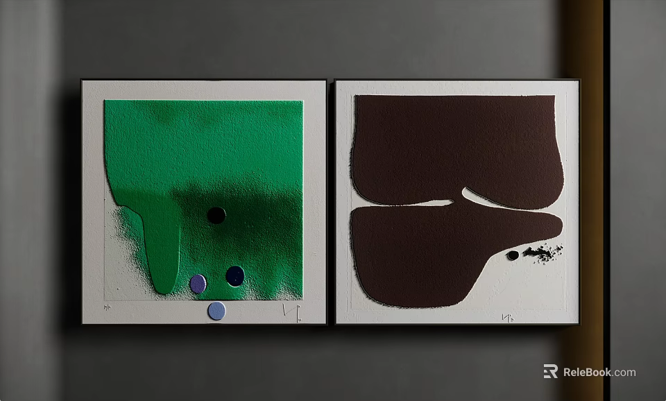 Two Abstract Paintings With Green Brown Hues Circular Dots And Spots In White Frames 3d model
