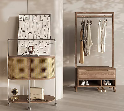 Modern Clothing Rack With Hanging Clothes And Shoes In Home Setting 3d model