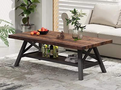 Modern Wooden Coffee Table With Metal Frame In Living Room With Sofa And Decorative Plants 3d model