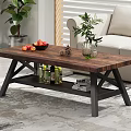 Modern Wooden Coffee Table With Metal Frame In Living Room With Sofa And Decorative Plants