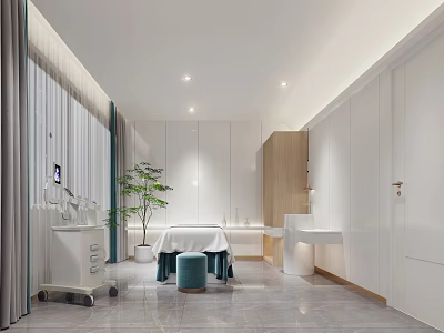 Modern SPA Sauna Interior Design With Massage Bed Green Plant White Cabinets And Marble Floor 3d model