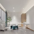 Modern SPA Sauna Interior Design With Massage Bed Green Plant White Cabinets And Marble Floor