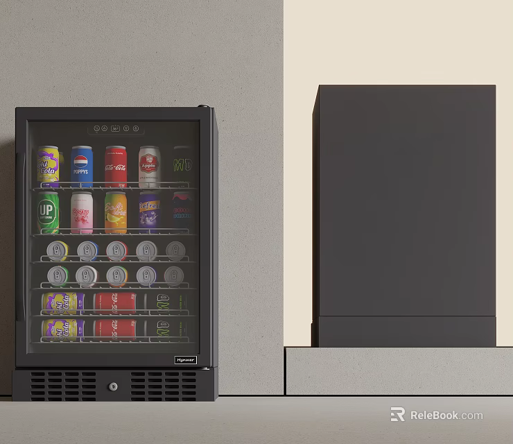 Modern Compact Mini Fridge With Assorted Beverage Cans And Black Exterior 3d model