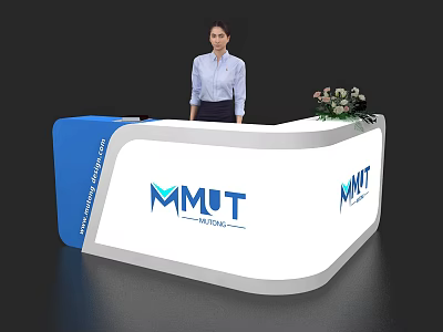 Modern Reception Desk With White And Blue MMUT University Logo Flower Arrangement And Woman Standing 3d model