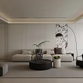 Modern Living Dining Room With Beige Sofa Black Coffee Table Large Window TV And Plants