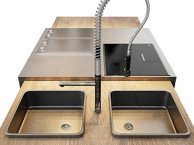 Modern Kitchen Faucet With Pull Down Hose And Double Stainless Steel Sinks On Wooden Countertop 3d model