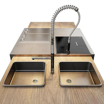 Modern Kitchen Faucet With Pull Down Hose And Double Stainless Steel Sinks On Wooden Countertop 3d model