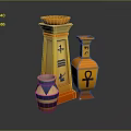 Egyptian Inspired Gold Decorative Ornament Set With Ankh Symbol And Striped Vase Accents