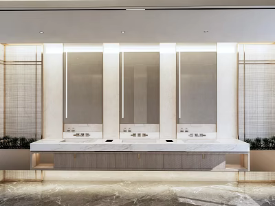 Modern Public Restroom With Three Sinks Large Mirrors And Marble Countertop 3d model
