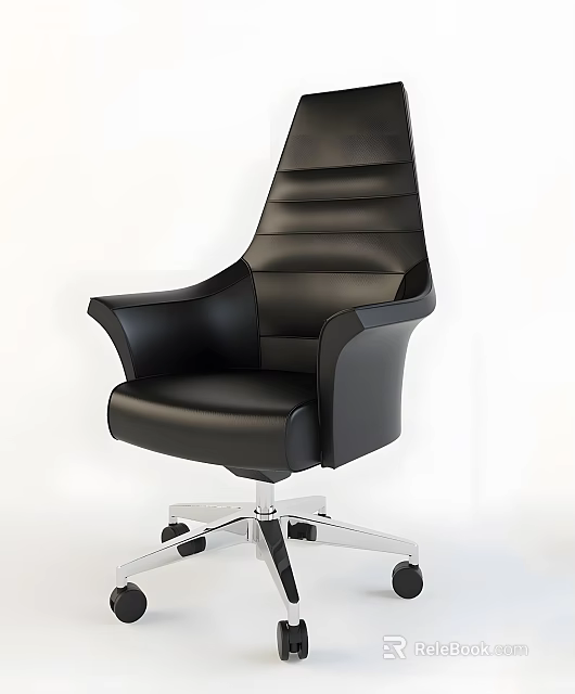 Sleek Black Leather Leisure Chair With Comfortable Armrests And Sturdy Metal Base Wheels 3d model 