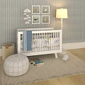 Cozy Baby Crib with Striped Wallpaper Cloud Decorations Wall Art Floor Lamp and Soft Rug