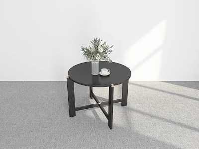 Minimalist Black Round Dining Table With Greenery Vase And White Cup Saucer 3d model
