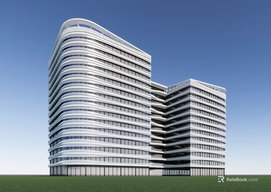 Modern Office Building With Curved Glass Curtain Wall And Green Lawn 3d model 