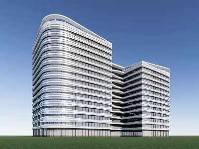 Modern Office Building With Curved Glass Curtain Wall And Green Lawn 3d model