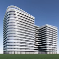 Modern Office Building With Curved Glass Curtain Wall And Green Lawn