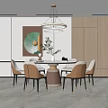 Elegant Modern Restaurant Interior With Round Dining Table Beige Chairs And Pendant Light 3d model