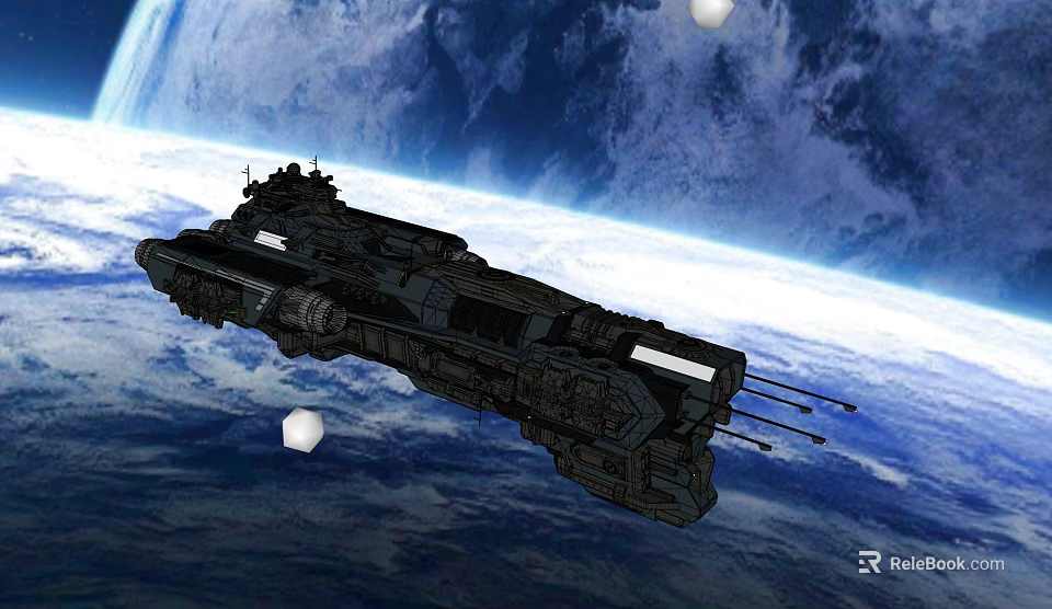 Futuristic Sci Fi Spaceship Orbiting Earth In Outer Space With White Orbs 3d model