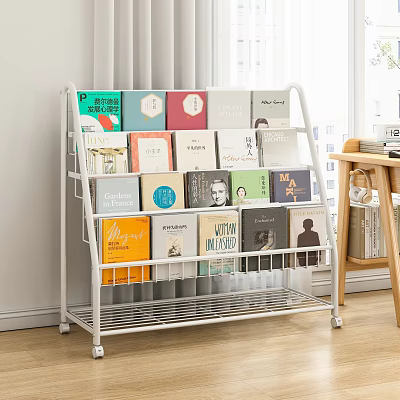 White Metal Bookshelf With Multiple Layers Filled With Colorful Books 3d model