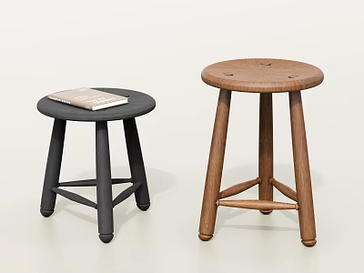 Modern Black And Natural Wood Round Stools With Crossed Legs Design 3d model
