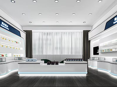 Modern Retail Store Interior Featuring Display Counter Shelves Curtains And Ceiling Lights 3d model