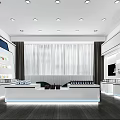 Modern Retail Store Interior Featuring Display Counter Shelves Curtains And Ceiling Lights