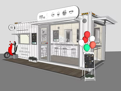 Modern Food Kiosk Design With White Roof Red Scooter Bar Stools And Colorful Balloons 3d model