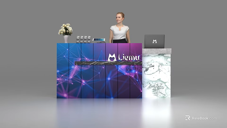 Modern Reception Desk Featuring Mienty Logo Receptionist Flower Vase Laptop And Marble Accent 3d model 