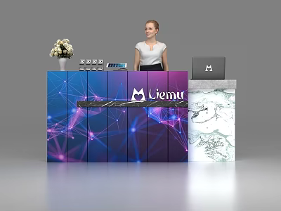 Modern Reception Desk Featuring Mienty Logo Receptionist Flower Vase Laptop And Marble Accent 3d model
