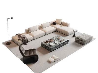 Modern Light Colored Sofa And Coffee Table Set With Marble Top Black Accent Chair And Ottoman 3d model