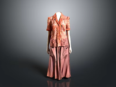 Women's Orange Pink Clothing Set Short Sleeved Shirt Long Skirt On Mannequin Gradient Gray Background 3d model