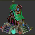 Cartoon House with Green Wavy Roof Round Windows Brown Door White Steps and Blue Railings