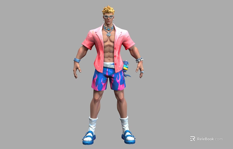 Man With Blonde Hair Wearing Pink Shirt Blue Pink Shorts White Socks And Blue Sandals 3d model 